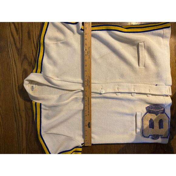 Vintage Dehen white Varsity letterman jacket cheer patch blue yellow sz 48 - Picture 4 of 9